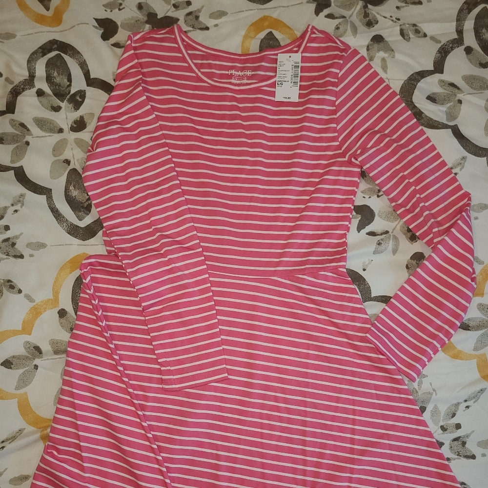 Red with White Stripe Long Sleeve Cotten Dress